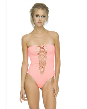 INDAH Pip Lace Up Bandeau One Piece In Punch